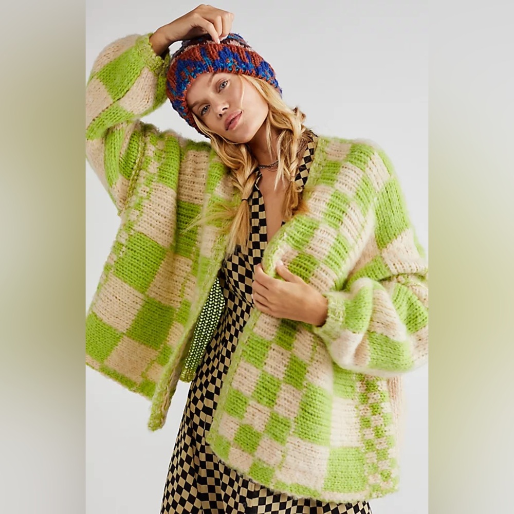 Free People Lime and Cream Checkered Cardigan